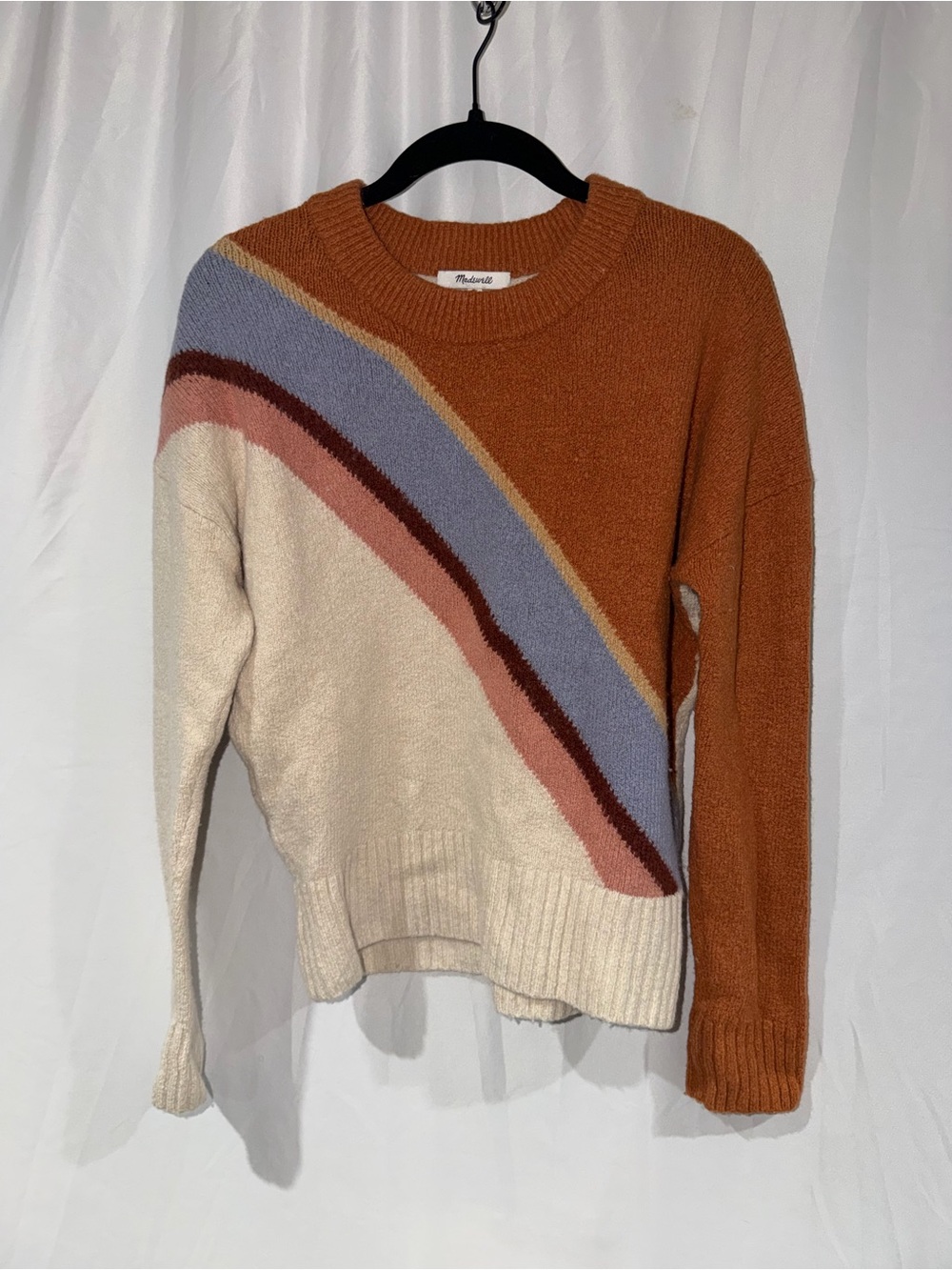 Madewell Sweater Knit Long Sleeve Split Rust Cream Colorblock Knit Wool Blend S